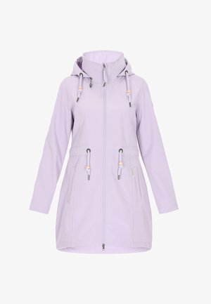 Šviesiai violetinė striukė, pagaminta iš minkštos medžiagos, su kapišonu, užtrauktuku, reguliuojamais raišteliais ir dviem priekinėmis kišenėmis, puoštomis dekoratyvinėmis karoliukais.