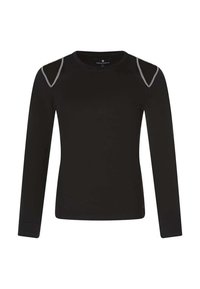 Chemise noire à manches longues en tissu doux avec des découpes aux épaules. Présente des coutures contrastées au niveau des épaules et un col rond.