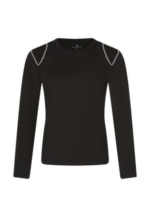 Chemise noire à manches longues en tissu doux avec des découpes aux épaules. Présente des coutures contrastées au niveau des épaules et un col rond.