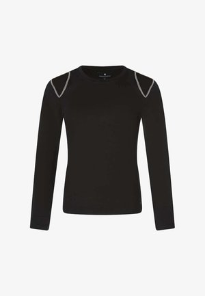 Chemise noire à manches longues en tissu doux avec des découpes aux épaules. Présente des coutures contrastées au niveau des épaules et un col rond.