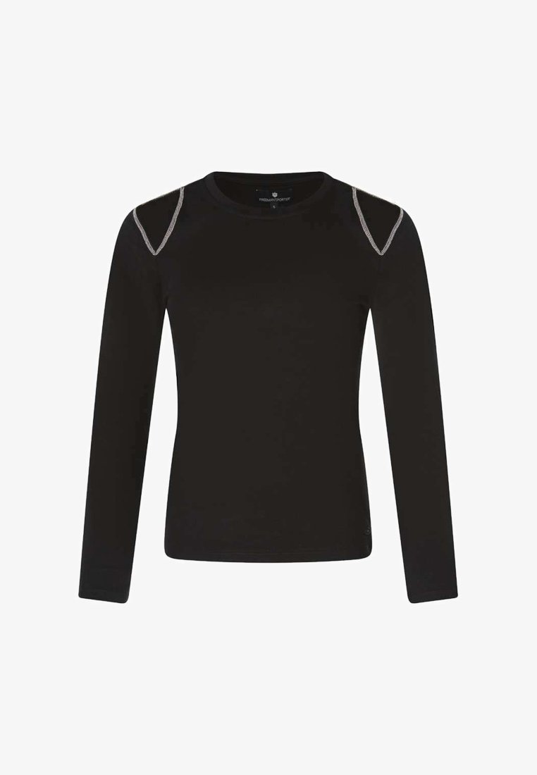 Chemise noire à manches longues en tissu doux avec des découpes aux épaules. Présente des coutures contrastées au niveau des épaules et un col rond.