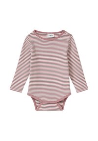 Langärmliger Bodysuit in rosa und weißen horizontalen Streifen, mit runder Ausschnitt, aus weichem Baumwollmaterial und Druckknöpfen am Boden.