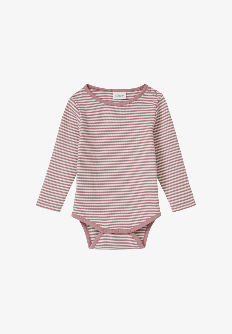 Body z długim rękawem w różowo-białe poziome paski, z okrągłym dekoltem, wykonany z miękkiego bawełnianego materiału i z zapięciem na napy na dole.