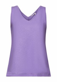 Débardeur pour femme sans manches de couleur violette avec un col en V, coutures simples et texture de tissu lisse, présenté sur un fond blanc.