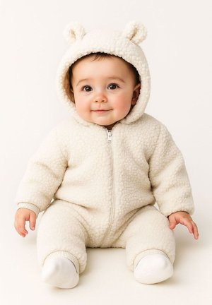 Kreemikaalune fleece beebi ülikond, millel on lukuga esiosa, kapuuts ja karu kõrvad ning soonikkoes mansetid randmetes ja pahklustes. Pehme, tekstuuriga kangas.