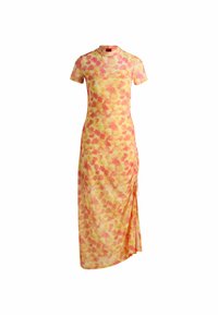 Floral-patterned, yellow and orange maxi dress with short sleeves, high neckline, and side ruching detail for adjustable length.