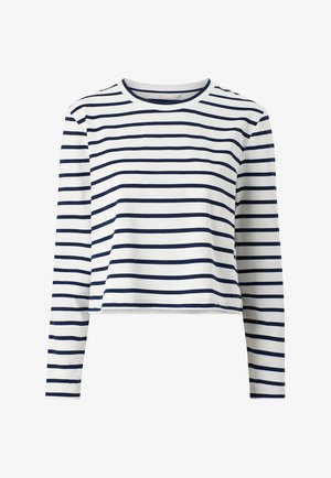 Korte mouw croptop van zachte stof met witte en marineblauwe horizontale strepen, ronde halslijn en een eenvoudige snit.