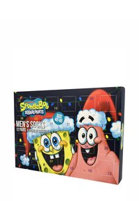Schachtel mit Herrensocken, die 12 Paar mit Designs von SpongeBob und Patrick umfasst. Farbliche, festliche Motive mit Feiertagsakzenten und Größenangabe.