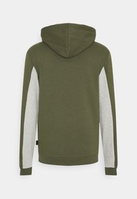 Sweat à capuche avec corps vert olive et manches gris chiné, vu de dos sur fond blanc.