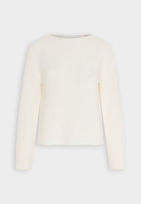 Suéter de punto acanalado color crema, con mangas largas y cuello redondo, presentado de forma plana sobre un fondo blanco.
