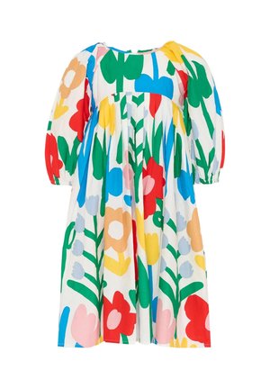 Vestito per bambini con maniche a sbuffo, gonna plissettata e motivo floreale multicolore brillante su sfondo bianco.