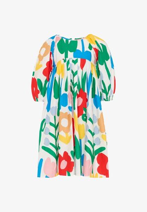 Kinderkleid mit Puffärmeln, plissiertem Rock und buntem, mehrfarbigem Blumenmuster auf weißem Hintergrund.