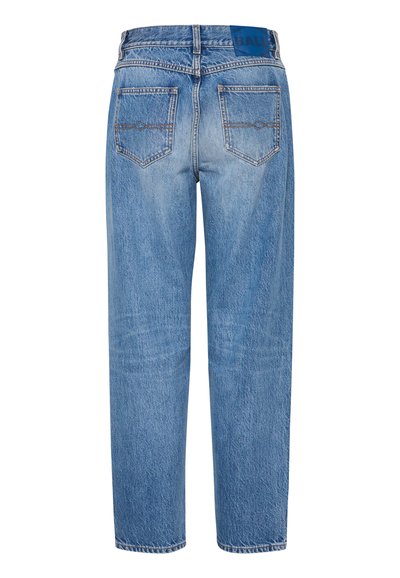 Blå denimjeans med rak passform, som har två bakfickor, tonad sömnad och en kontrasterande midjebandsetikett.