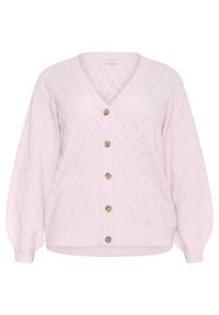 Lyserød strikket cardigan med V-hals, lange ærmer og et struktureret zigzag-mønster. Har fem gyldne knapper foran.