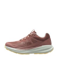 Zapatilla de correr en rosa empolvado con una parte superior de malla transpirable, cuello acolchado, acentos reflectantes y una suela exterior de goma texturizada.