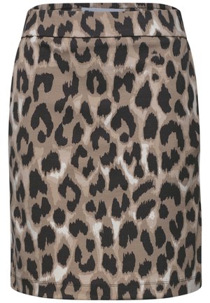 Beiger und brauner Rock mit Leopardenmuster, gerade geschnitten und mit tailliertem Bund.