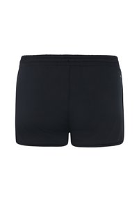 Costume da bagno neri con una texture liscia, cintura elastica e design minimalista. Nessun logo o motivo visibile.