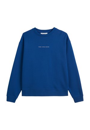 Blauer Sweatshirt aus Baumwollmischung mit langen Ärmeln, Rundhalsausschnitt und gerippten Bündchen. Mit weißem Text "MARC O'POLO DENIM" auf der Vorderseite.