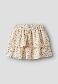 Jupe florale en crème pâle avec des volants superposés, en tissu doux et avec une taille élastique. Petits motifs de fleurs violet et jaune.