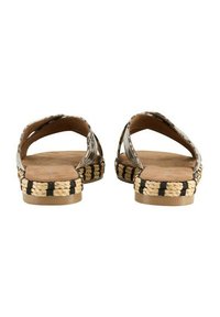 Espadrille sandale s tkanim crnim i bež užadnim potplatom, s križnim sintetičkim gornjim dijelom i ravnim uloškom u prirodnim tonovima.