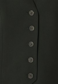 Black fabric vest featuring a sleek design with five round, dark buttons, smooth texture, and tailored silhouette along the front.
