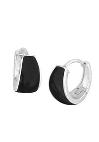 Schwarze Emaille-Creolen mit einem polierten Silberakzent. Merkmale ein glattes, gewölbtes Design und einen sicheren Verschluss.