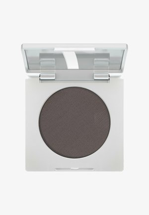 Compact with open transparent lid revealing a single round pan of dark gray pressed powder makeup.