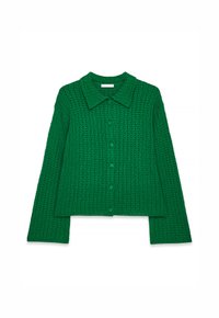 Groene gebreide cardigan met een kraaghalslijn, lange mouwen, knoopsluiting en een gestructureerd openweefpatroon.