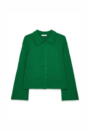 Cardigan verde in maglia con scollo a collare, maniche lunghe, chiusura con bottoni e un motivo aperto a trama testurizzata.