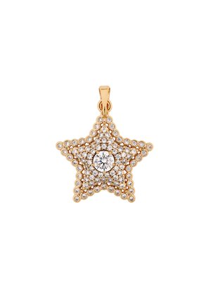 Arany csillag alakú medál, amelyet több apró, tiszta drágakőből és egy nagyobb, központi drágakőből álló díszítéssel burkoltak.