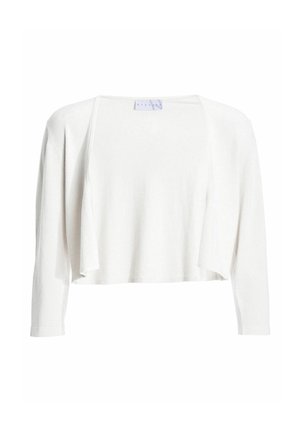 Cardigan blanc à manches longues, court, avec ouverture devant et coupe décontractée sur fond blanc uni.