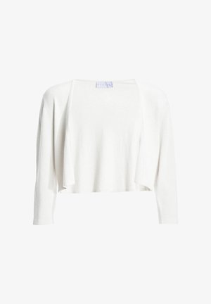 Cardigan bianco a maniche lunghe, corto, con apertura anteriore e vestibilità comoda su sfondo bianco uniforme.