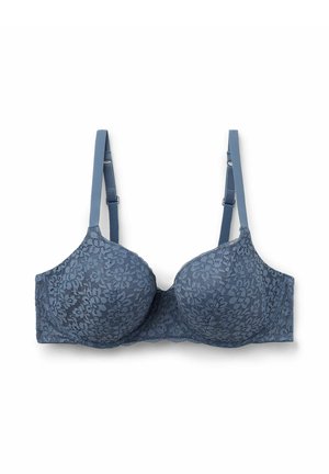 Spitzen-BH inSchieferblau mit vorgeformten Cups, verstellbaren Trägern und floralem Muster. Weiche Textur mit Haken- und Ösenverschluss auf der Rückseite.