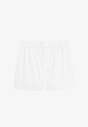 White men's cotton boxer shorts with elastic waistband and two-button fly front, displayed on a white background.