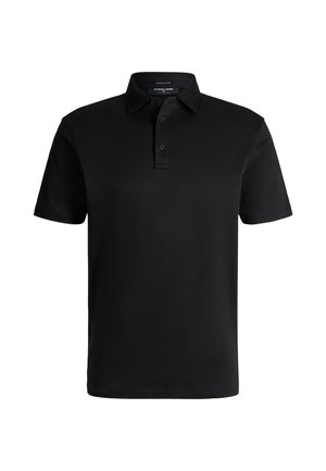 Czarna koszulka polo z krótkim rękawem, z trzema guzikami i klasycznym kołnierzykiem, wykonana z gładkiej tkaniny.