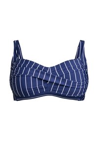 Navyblauwe bikinitop met witte verticale strepen. Heeft geplooide stof en verstelbare bandjes, die zorgen voor een ondersteunende structuur.