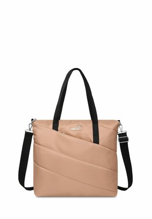 Beige gesteppte Tragetasche mit schwarzen Trägern, versehen mit einem diagonalen Nahtdesign und einem verstellbaren Schulterriemen. Metallbeschläge sind sichtbar.