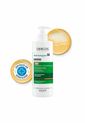 Dercos Technique 2-in-1 Anti-Schuppen Shampoo und Conditioner Flasche mit schaumigen Shampooproben, sichtbares dermatologisch empfohlenes Siegel.
