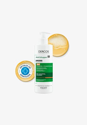 Dercos Technique 2-in-1 Anti-Schuppen Shampoo und Conditioner Flasche mit schaumigen Shampooproben, sichtbares dermatologisch empfohlenes Siegel.