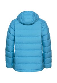 Lichtblauwe gewatteerde jas met capuchon, voorzien van een quiltontwerp en horizontale stiksels op de rug. Gladde textuur en geen zichtbare bevestigingsmiddelen.