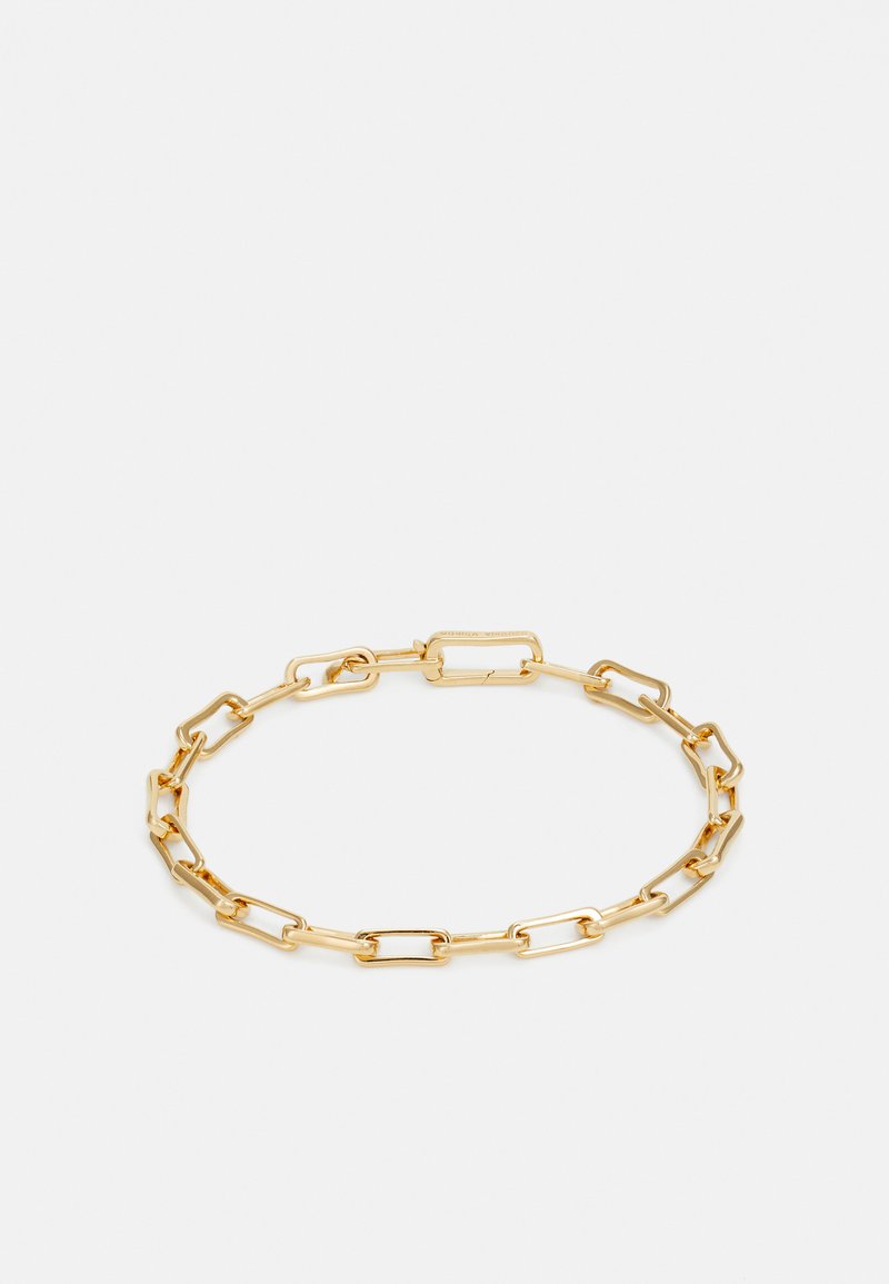 Auksu padengtas grandinėlės apyrankė, kurią sudaro tarpusavyje susijungusios stačiakampės jungtys su sklandžiu paviršiumi, užsegama stačiakampiu užsegimu.