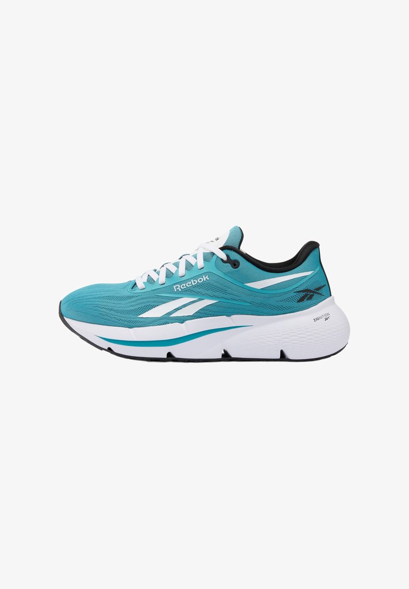 Teal Reebok running shoe with white laces, thick white sole, black accents, and Reebok logo on side and heel.