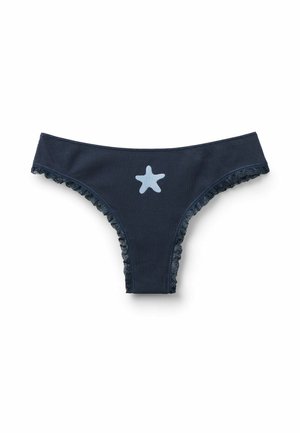 Navy blue ribbed women's underwear with scalloped lace trim and a white star embroidered at center front waistband.