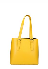 Borsa a tracolla in pelle gialla con due lunghe maniglie, forma rettangolare, texture liscia e accenti in metallo argentato vicino ai punti di attacco delle maniglie.