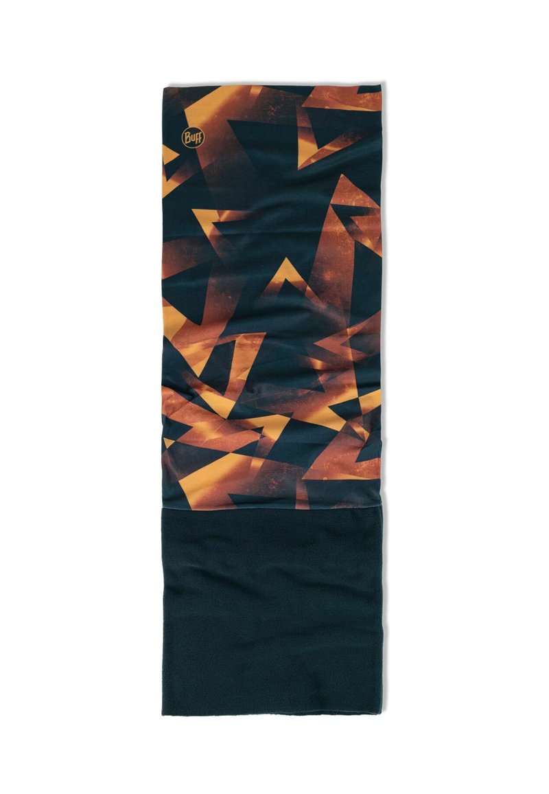 Écharpe tubulaire multifonctionnelle noire avec un motif géométrique orange ; fabriquée en tissu extensible et léger pour plus de confort.