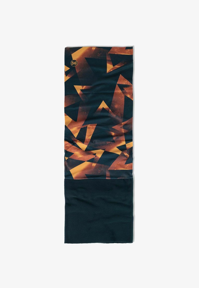 Écharpe tubulaire multifonctionnelle noire avec un motif géométrique orange ; fabriquée en tissu extensible et léger pour plus de confort.