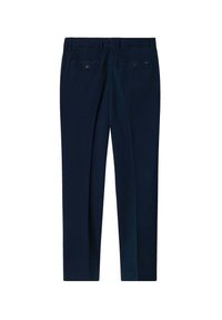 Navy trousers with a tailored fit, featuring two back pockets with buttons, a flat front, and straight legs, made from a smooth fabric.