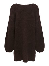 Oversized dark brown sweater featuring a textured knit, wide sleeves, and a relaxed silhouette with a boat neckline and dropped shoulders.