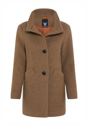 Mid-length brown wool coat with wide collar, two black front buttons, and slanted front pockets, showing orange interior lining.