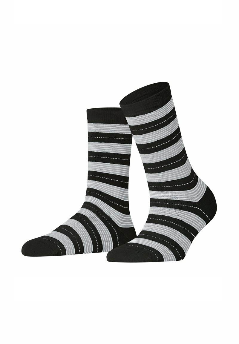 Black and gray striped socks featuring horizontal bands of varying widths, with a smooth texture and solid black toe and heel sections.